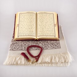 Prayer Mat + Salah Beads + Quran Gift Set (Hafiz Size, Velvet, Dark Maroon) - Thumbnail