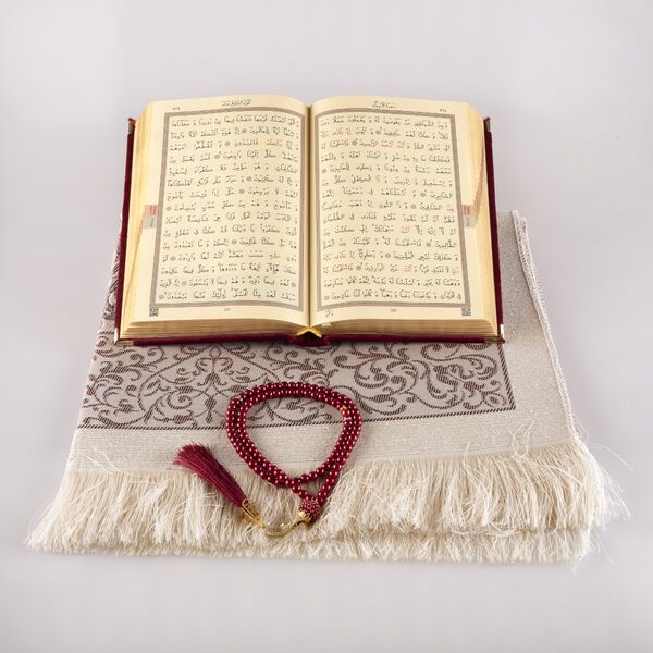 Prayer Mat + Salah Beads + Quran Gift Set (Hafiz Size, Velvet, Dark Maroon)
