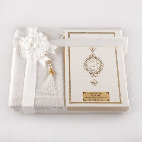 Prayer Mat + Salah Beads + Quran Gift Set (Hafiz Size, White1)