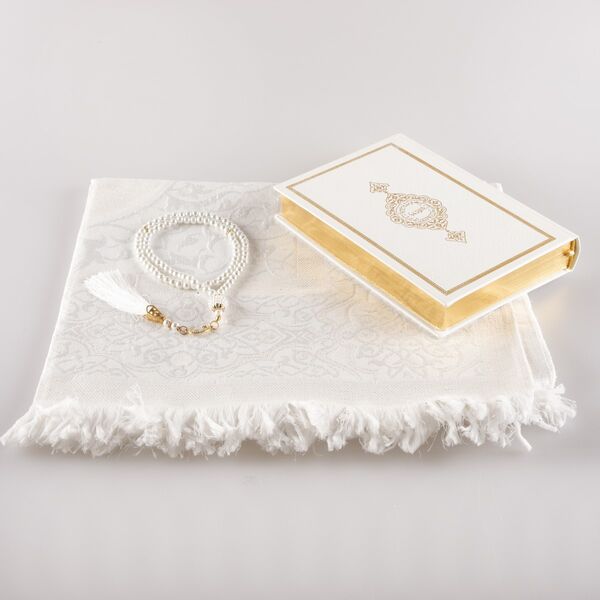 Prayer Mat + Salah Beads + Quran Gift Set (Hafiz Size, White1)