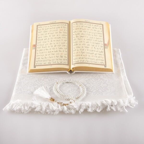 Prayer Mat + Salah Beads + Quran Gift Set (Hafiz Size, White1)