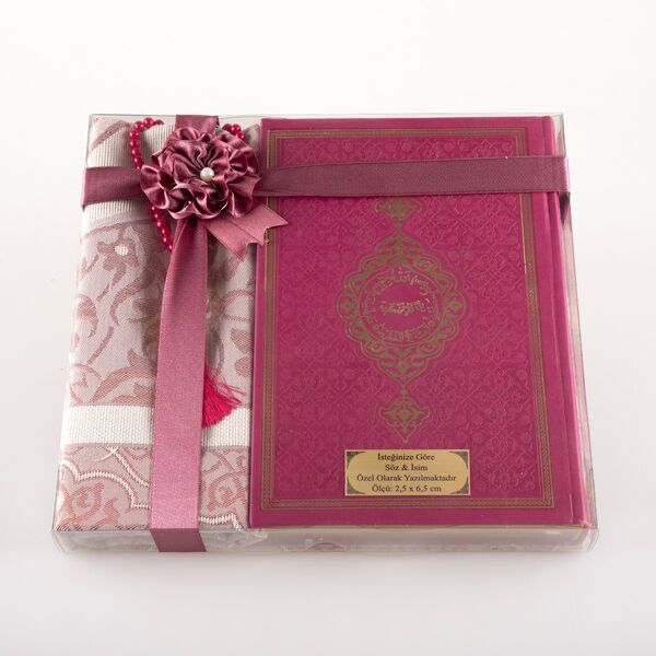 Prayer Mat + Salah Beads + Quran Gift Set (Medium Size, Fuchsia Pink)