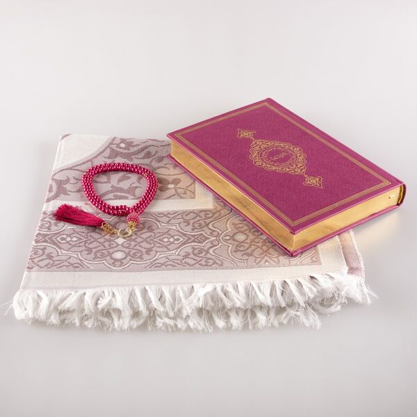 Prayer Mat + Salah Beads + Quran Gift Set (Medium Size, Fuchsia Pink)