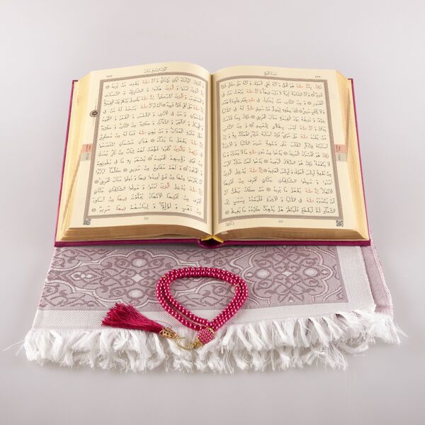 Prayer Mat + Salah Beads + Quran Gift Set (Medium Size, Fuchsia Pink)