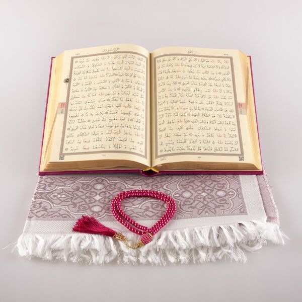 Prayer Mat + Salah Beads + Quran Gift Set (Medium Size, Fuchsia Pink) 