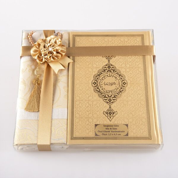 Prayer Mat + Salah Beads + Quran Gift Set (Medium Size, Gold1)