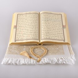 Prayer Mat + Salah Beads + Quran Gift Set (Medium Size, Gold1) - Thumbnail