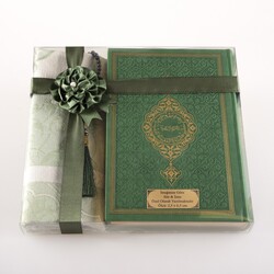 Prayer Mat + Salah Beads + Quran Gift Set (Medium Size, Green) - Thumbnail