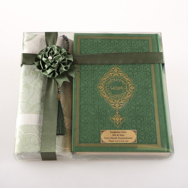 Prayer Mat + Salah Beads + Quran Gift Set (Medium Size, Green)