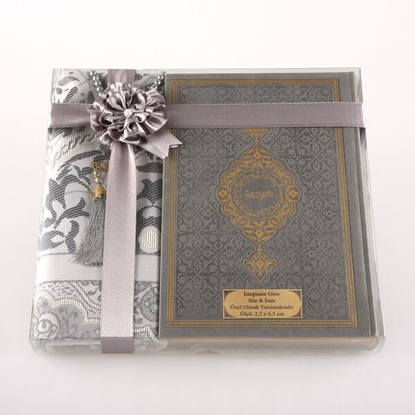 Prayer Mat + Salah Beads + Quran Gift Set (Medium Size, Grey)