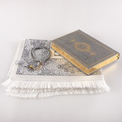 Prayer Mat + Salah Beads + Quran Gift Set (Medium Size, Grey) - Thumbnail