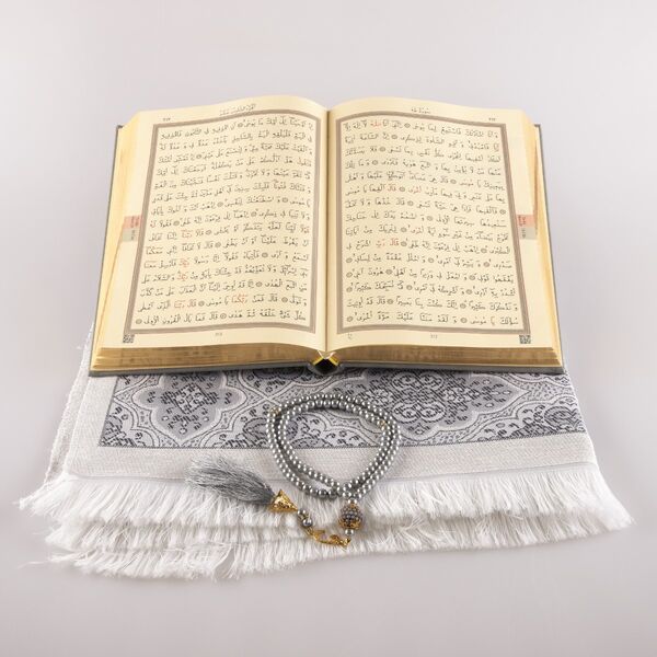 Prayer Mat + Salah Beads + Quran Gift Set (Medium Size, Grey)