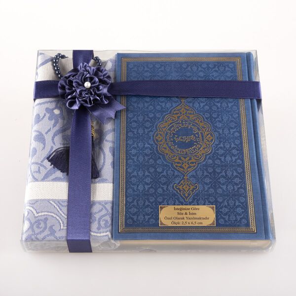 Prayer Mat + Salah Beads + Quran Gift Set (Medium Size, Navy Blue) 