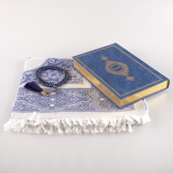 Prayer Mat + Salah Beads + Quran Gift Set (Medium Size, Navy Blue) 