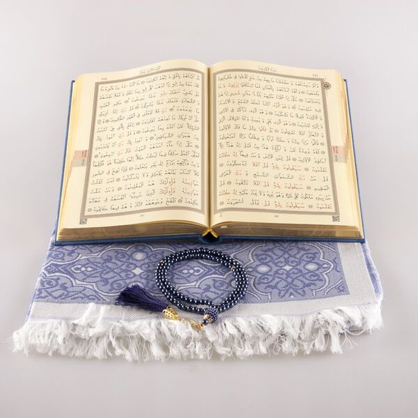 Prayer Mat + Salah Beads + Quran Gift Set (Medium Size, Navy Blue) 