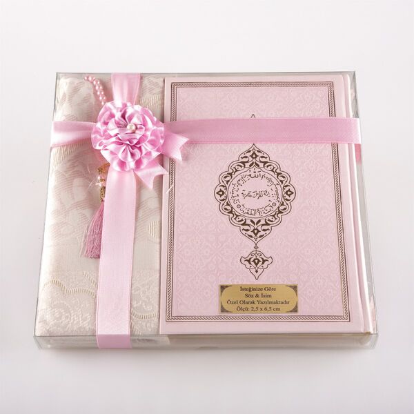 Prayer Mat + Salah Beads + Quran Gift Set (Medium Size, Powder Pink) 