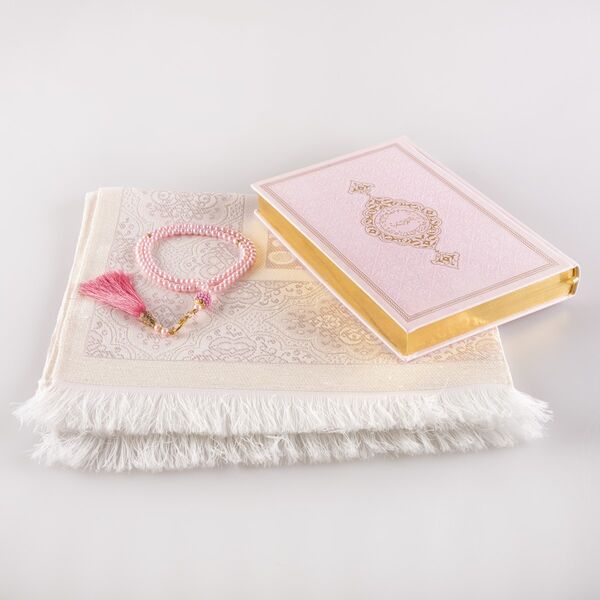 Prayer Mat + Salah Beads + Quran Gift Set (Medium Size, Powder Pink) 
