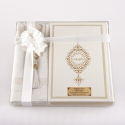 Prayer Mat + Salah Beads + Quran Gift Set (Medium Size, White1) - Thumbnail