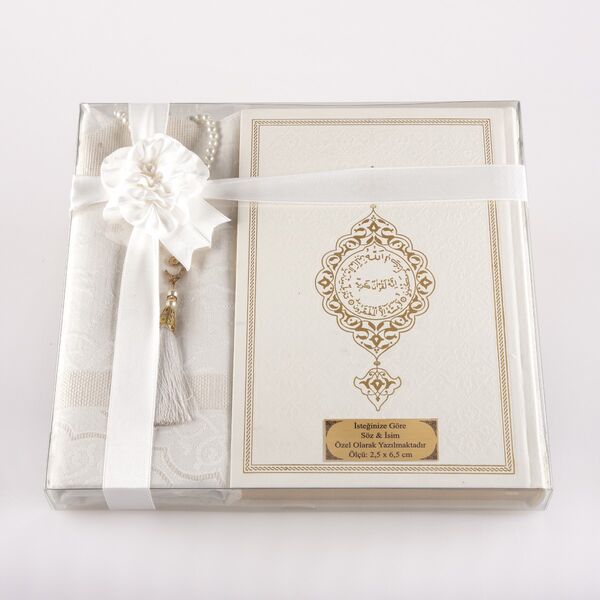 Prayer Mat + Salah Beads + Quran Gift Set (Medium Size, White1)
