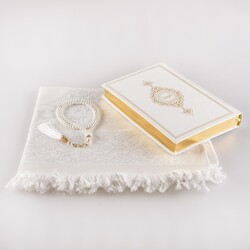 Prayer Mat + Salah Beads + Quran Gift Set (Medium Size, White1) - Thumbnail