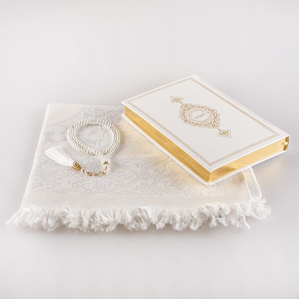 Prayer Mat + Salah Beads + Quran Gift Set (Medium Size, White1)