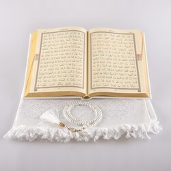 Prayer Mat + Salah Beads + Quran Gift Set (Medium Size, White1) - Thumbnail