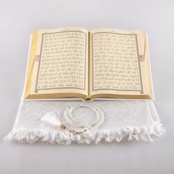 Prayer Mat + Salah Beads + Quran Gift Set (Medium Size, White1) - Thumbnail