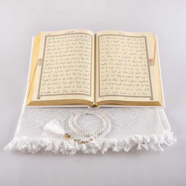 Prayer Mat + Salah Beads + Quran Gift Set (Medium Size, White1)