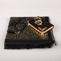 Prayer Mat + Salah Beads + Velvet Bound Quran Gift Set (Bag Size, Black1) - Thumbnail