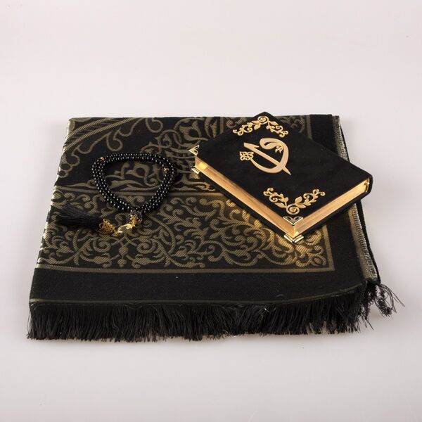 Prayer Mat + Salah Beads + Velvet Bound Quran Gift Set (Bag Size, Black1)