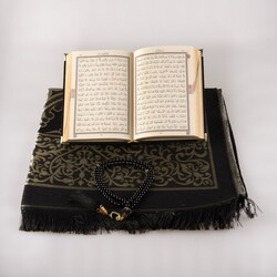 Prayer Mat + Salah Beads + Velvet Bound Quran Gift Set (Bag Size, Black1) - Thumbnail