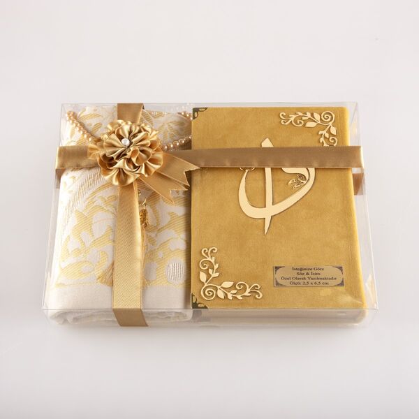 Prayer Mat + Salah Beads + Velvet Bound Quran Gift Set (Bag Size, Gold1)