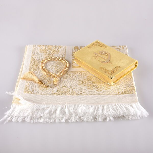 Prayer Mat + Salah Beads + Velvet Bound Quran Gift Set (Bag Size, Gold1)
