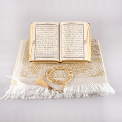 Prayer Mat + Salah Beads + Velvet Bound Quran Gift Set (Bag Size, Gold1) - Thumbnail