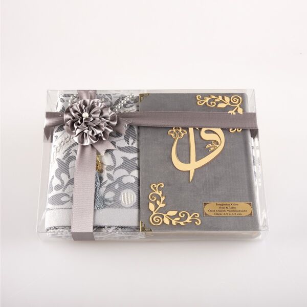 Prayer Mat + Salah Beads + Velvet Bound Quran Gift Set (Bag Size, Grey)