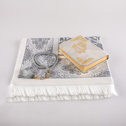 Prayer Mat + Salah Beads + Velvet Bound Quran Gift Set (Bag Size, Grey) - Thumbnail