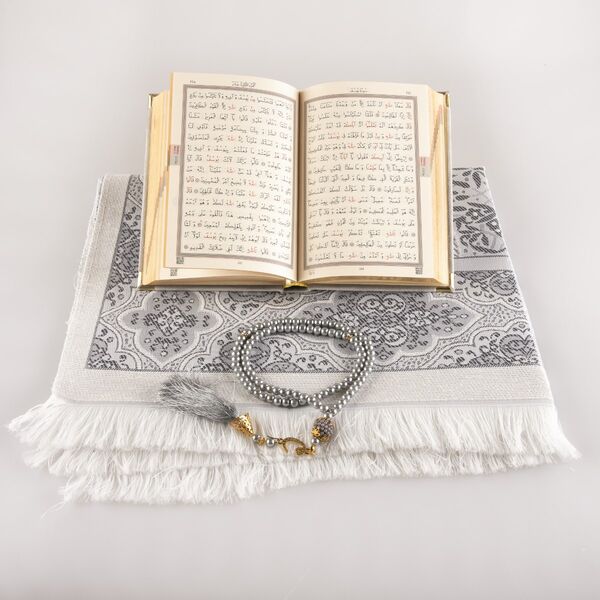 Prayer Mat + Salah Beads + Velvet Bound Quran Gift Set (Bag Size, Grey)