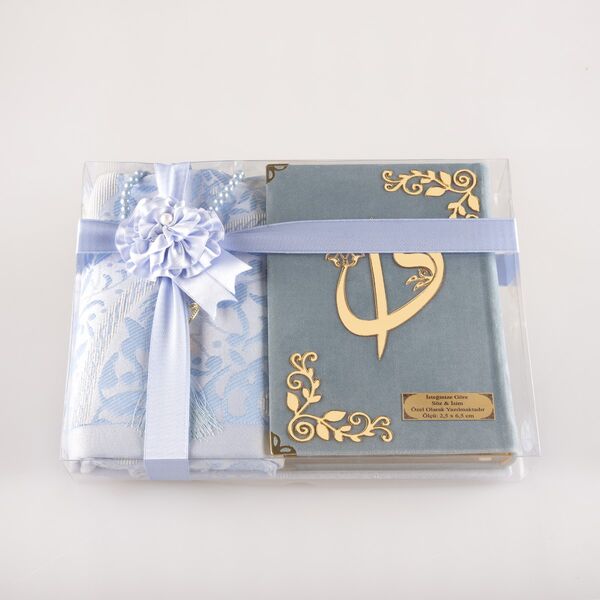 Prayer Mat + Salah Beads + Velvet Bound Quran Gift Set (Bag Size, Light Blue)
