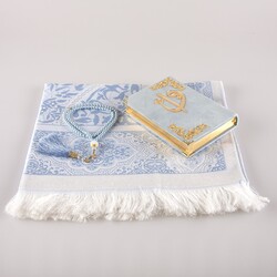 Prayer Mat + Salah Beads + Velvet Bound Quran Gift Set (Bag Size, Light Blue) - Thumbnail