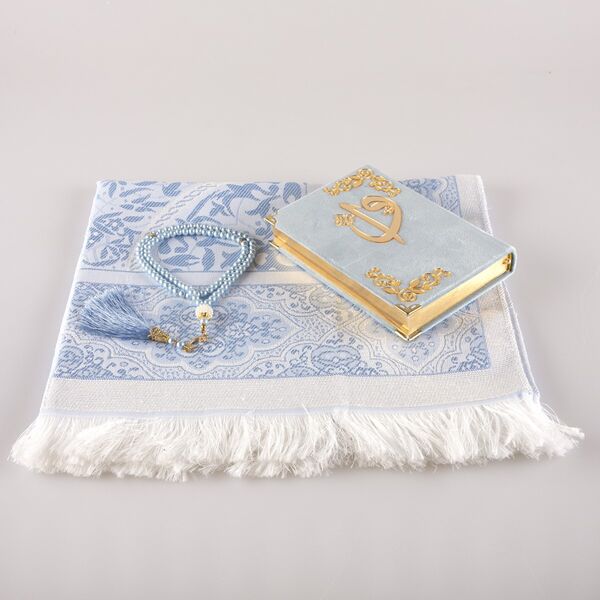 Prayer Mat + Salah Beads + Velvet Bound Quran Gift Set (Bag Size, Light Blue)