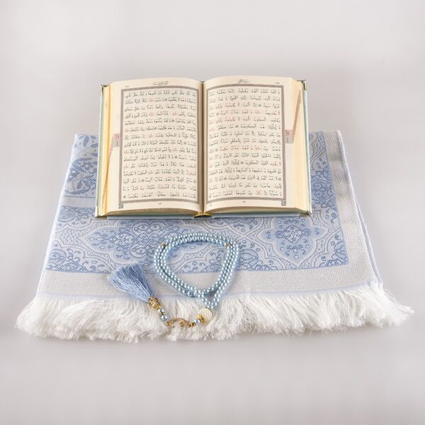 Prayer Mat + Salah Beads + Velvet Bound Quran Gift Set (Bag Size, Light Blue)