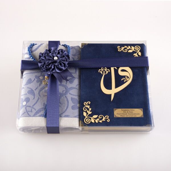 Prayer Mat + Salah Beads + Velvet Bound Quran Gift Set (Bag Size, Navy Blue)