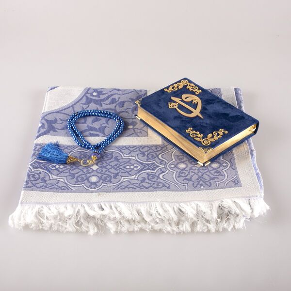 Prayer Mat + Salah Beads + Velvet Bound Quran Gift Set (Bag Size, Navy Blue)