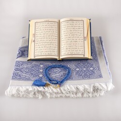 Prayer Mat + Salah Beads + Velvet Bound Quran Gift Set (Bag Size, Navy Blue) - Thumbnail