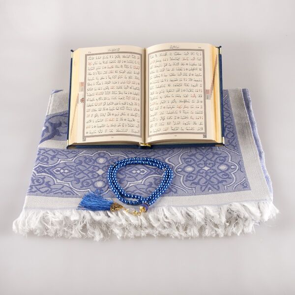 Prayer Mat + Salah Beads + Velvet Bound Quran Gift Set (Bag Size, Navy Blue)