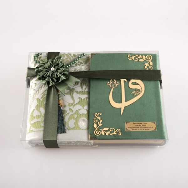 Prayer Mat + Salah Beads + Velvet Bound Quran Gift Set (Bag Size, Olive Green)