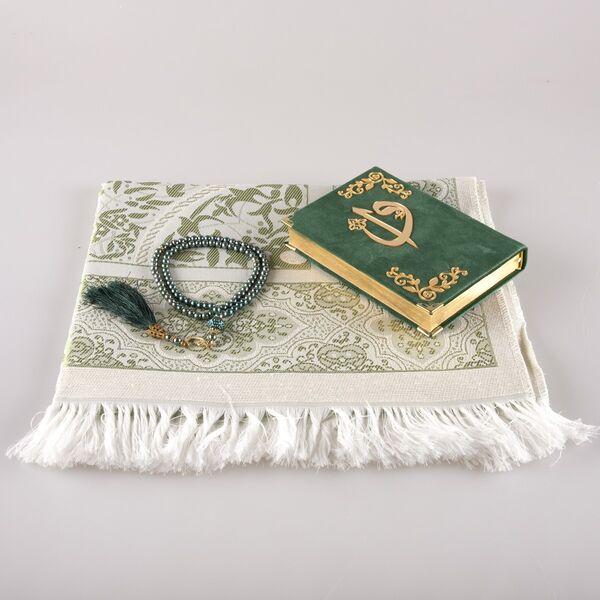 Prayer Mat + Salah Beads + Velvet Bound Quran Gift Set (Bag Size, Olive Green)