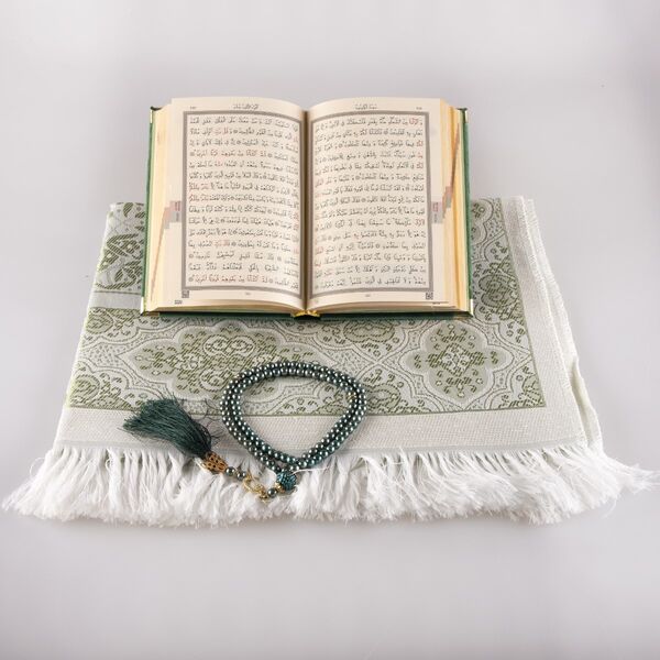 Prayer Mat + Salah Beads + Velvet Bound Quran Gift Set (Bag Size, Olive Green)