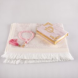 Prayer Mat + Salah Beads + Velvet Bound Quran Gift Set (Bag Size, Powder Pink) - Thumbnail