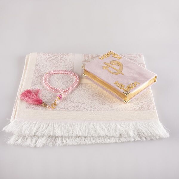 Prayer Mat + Salah Beads + Velvet Bound Quran Gift Set (Bag Size, Powder Pink)